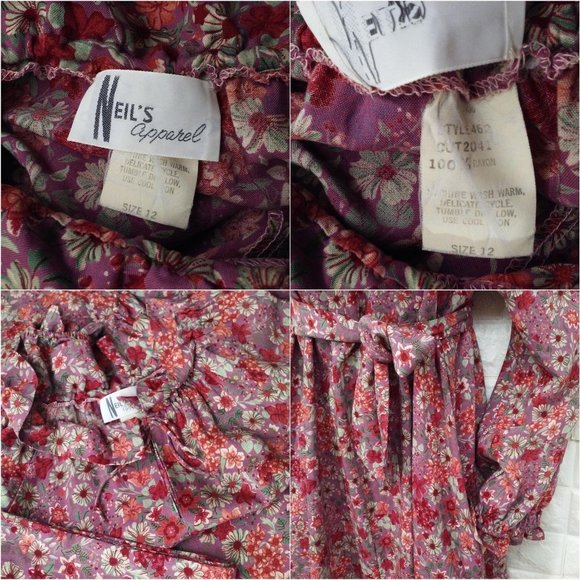 Vintage 80s Neil's Apparel Floral Shift Dress L(12) Pockets Ruffles Bow Belt - Picture 9 of 11
